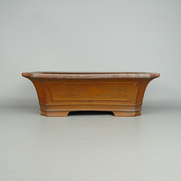 中古 盆栽鉢 常滑 美芸造 中型 長辺 約30.3cm 長方鉢 隅切 外縁 釘彫り 山水図 泥物  中古鉢 q1198409632