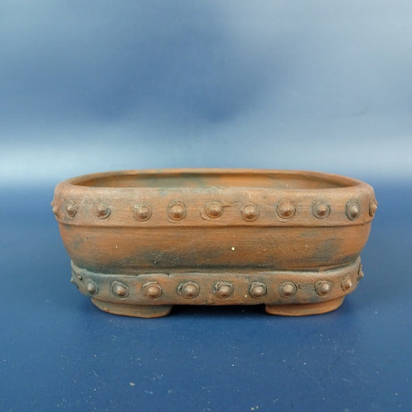 中古盆栽鉢 泥珠 小鉢 長辺 約9.4cm 長方鉢 撫角 鋲打 泥鉢  中古鉢 t1198410626