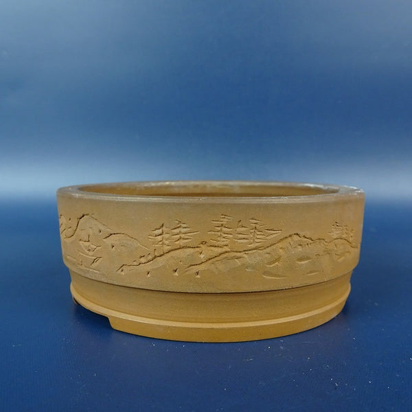 中古盆栽鉢 常滑 美芸 小鉢 長辺 約9.1cm 丸鉢 釘彫 山水図 泥鉢  中古鉢 g1198422607