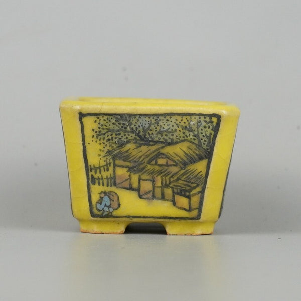 中古盆栽鉢 大助 心山 小型 長辺 約5.8cm 正方鉢 色絵 山水図 箱付 観賞用  中古鉢 k1198413461