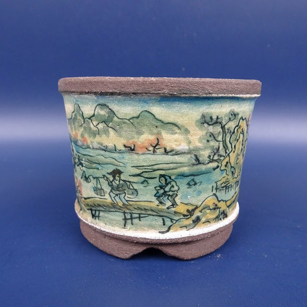 中古盆栽鉢 陶翠 小鉢 長辺 約7.4cm 丸鉢 外縁 色絵 山水図  中古鉢 r1198410257