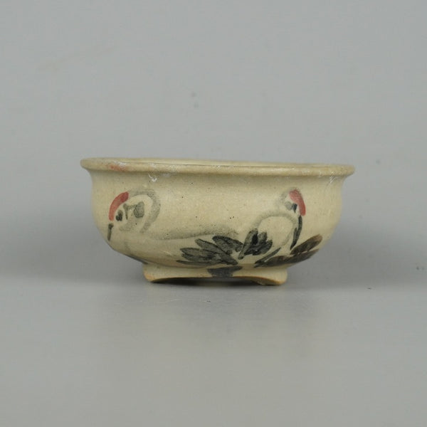 中古盆栽鉢 是好 矩 小鉢 長辺 8cm 丸鉢 色絵 鶴 ツル 鳥 観賞用  中古鉢 f1198410423