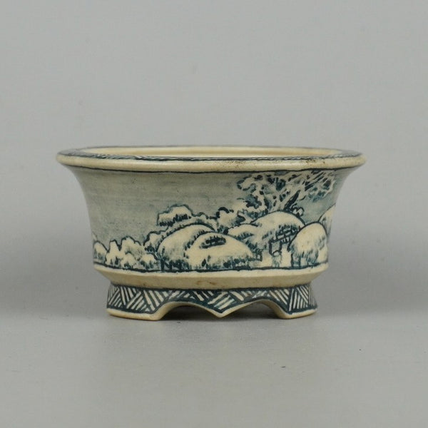 中古盆栽鉢 佐野 大助 美功 小鉢 長辺 約7.7cm 丸鉢 山水図 箱付 観賞用  中古鉢 p1198414944