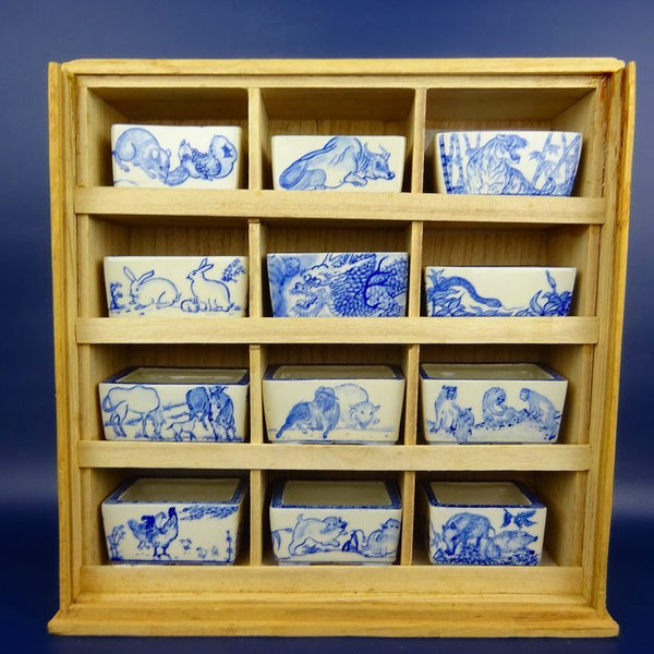 中古盆栽鉢 唐峰造 小鉢 長辺 約9cm 長方鉢 染付 十二支 干支 子 丑 寅 卯 辰 巳 午 未 申 酉 戌 亥 12鉢セット  中古鉢 v1198434888