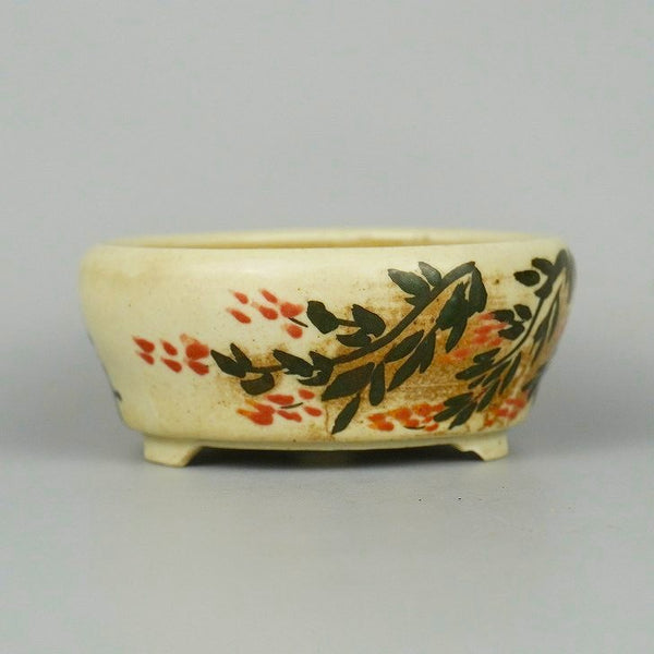 盆栽鉢 是好 小鉢 長辺 約7.3cm 丸鉢 色絵 花  中古鉢 o1198424082