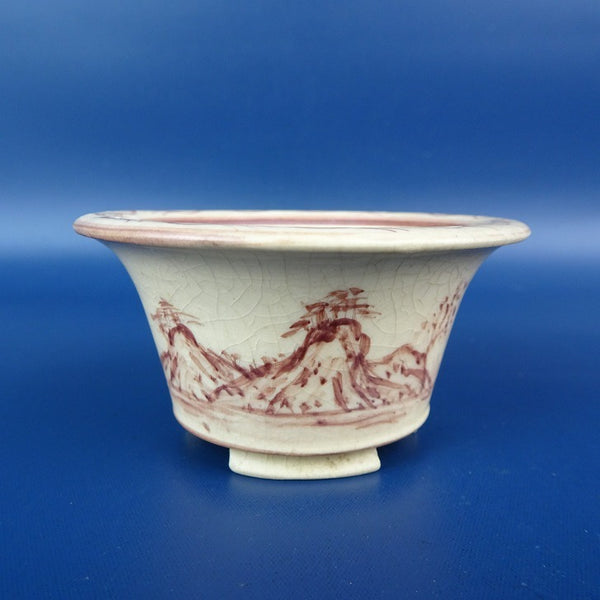 中古盆栽鉢 山水? 小鉢 長辺 約7.2cm 丸鉢 外縁 山水図 貫入 釉薬 観賞用  中古鉢 p1198414093