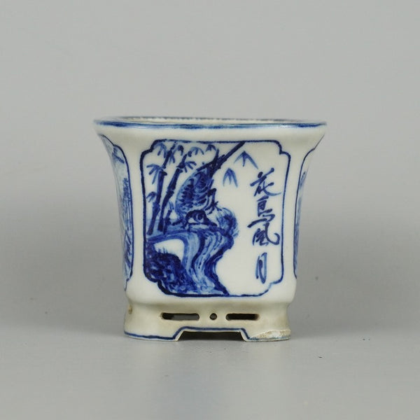 中古 盆栽鉢 高橋 泉翠 小鉢 長辺 約7.5cm 正方鉢 染付 花鳥風月 山水図 観賞用  中古鉢 x1198415663