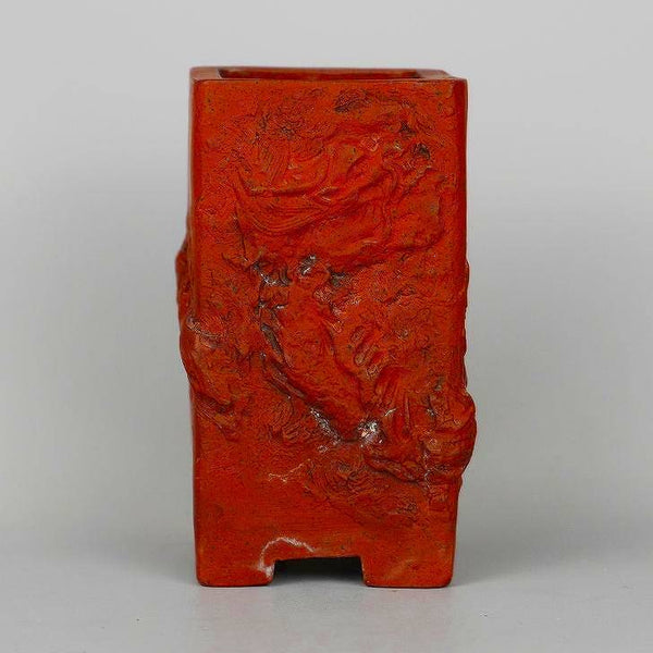 盆栽鉢 泥珠 小鉢 長辺 約9cm 正方鉢 浮彫 龍 泥物  中古鉢 v1198433598