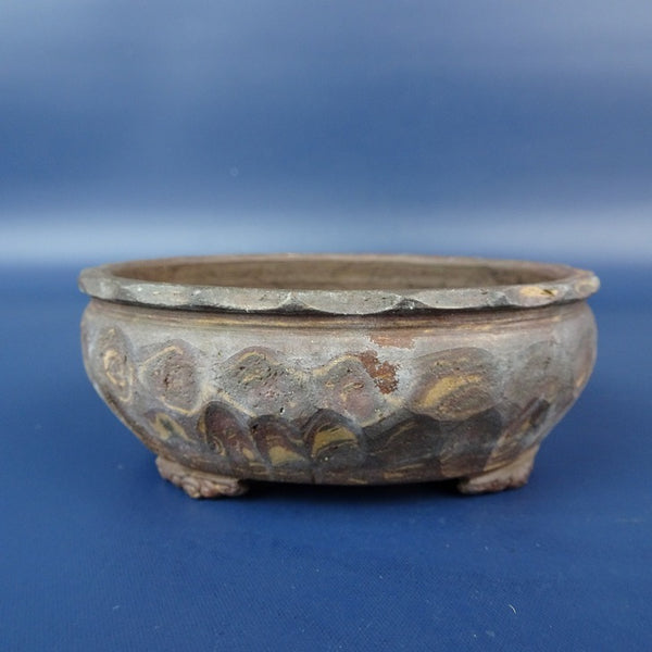 中古盆栽鉢 泥珠窯 正文 小鉢 長辺 約9.3cm 楕円鉢 外縁 雲足 泥鉢  中古鉢 m1198408226