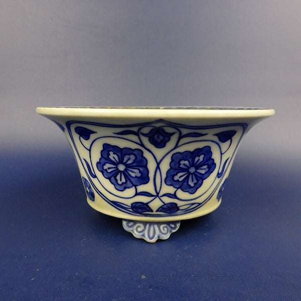 中古盆栽鉢 清みづ 小型 長辺 約10.4cm 丸鉢 外縁 染付 花  中古鉢 x1198409943