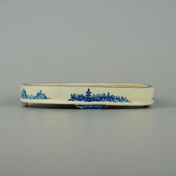 中古盆栽鉢 唐峯 小型 長辺 約13.8cm 楕円鉢 染付 山水図 箱付  中古鉢 l1198408792