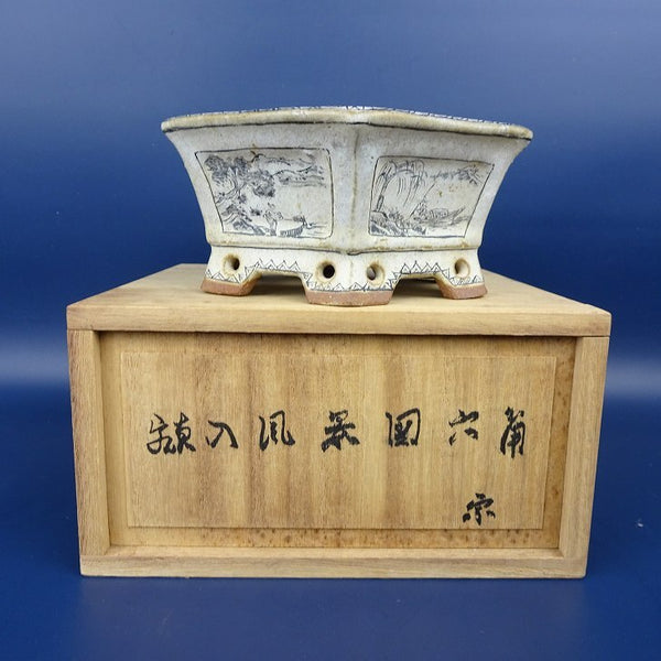 中古盆栽鉢 宗 小型 長辺 約13.2cm 六角鉢 額入 墨絵 風景図 舟 山水図 箱付 観賞用  中古鉢 h1198422795
