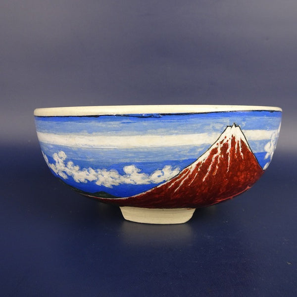 中古盆栽鉢 蝉山 小型 長辺 約 13cm 丸鉢 色絵 風景画 富士山 花 観賞用  中古鉢 p1198413395