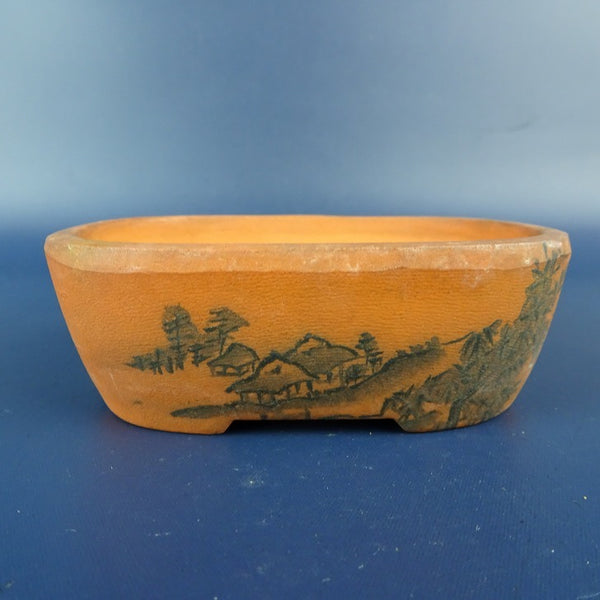 中古盆栽鉢 文山 小鉢 長辺 約9.5cm 長方鉢 墨絵 風景画 観賞用  中古鉢 k1198410033
