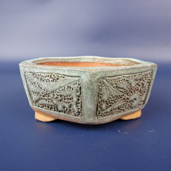 中古盆栽鉢 稔 小鉢 長辺 約9cm 六角鉢 窓付 釉薬  中古鉢 r1198405925