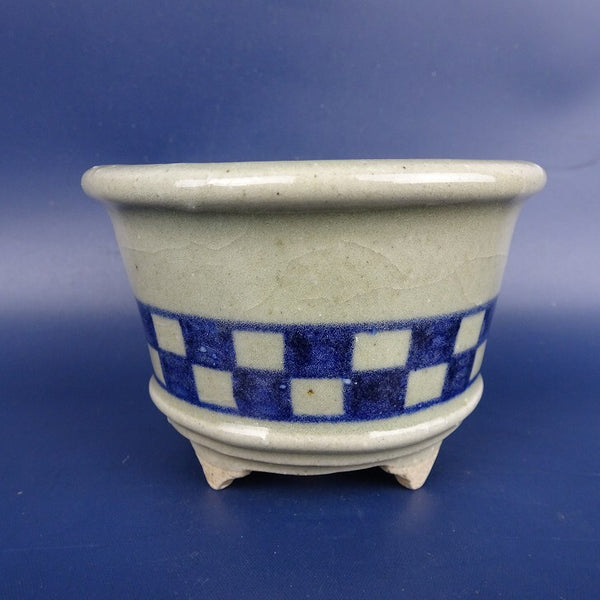 中古盆栽鉢 月賀 高橋清作 小鉢 長辺 約9.4cm 丸鉢 外縁 染付 格子  中古鉢 n1198413956