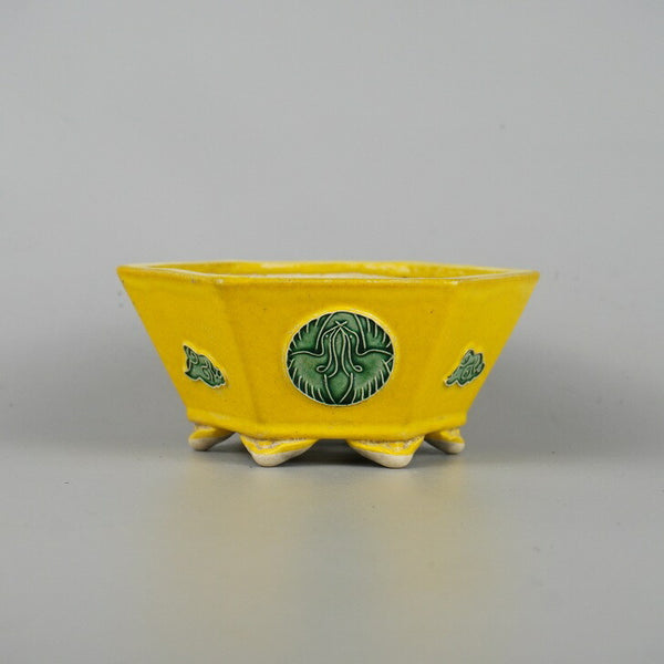 中古盆栽鉢 美功 小型 長辺 約12.8cm 六角鉢 黄釉 釉薬 箱付 観賞用  中古鉢 k1198409777