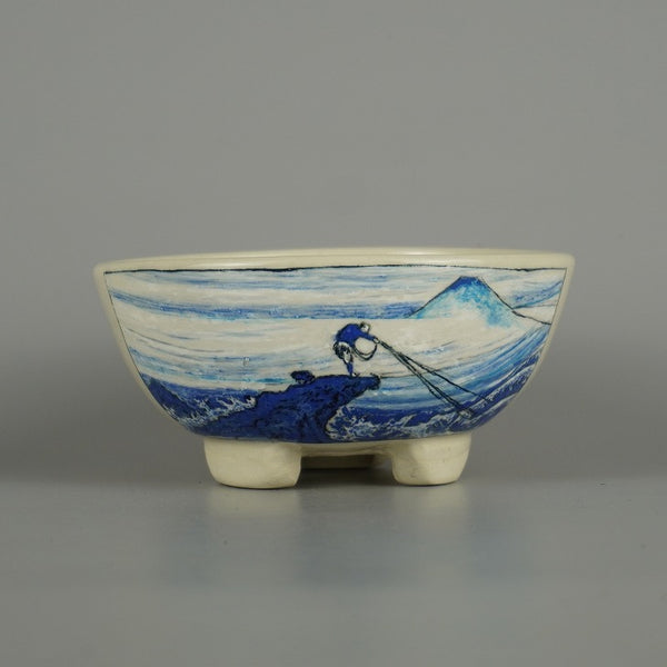 中古盆栽鉢 蝉山 小型 長辺 約 12.5cm 丸鉢 色絵 富嶽 三十六景 甲州 石班沢 植物 観賞用  中古鉢 m1198403741