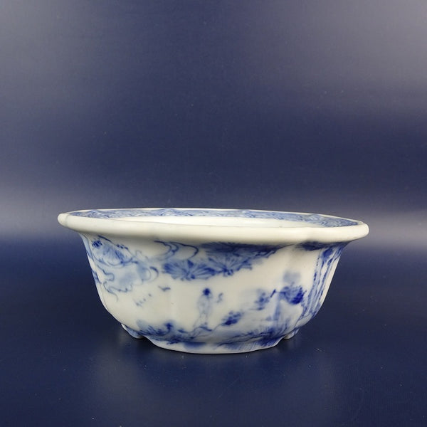 中古盆栽鉢 雪山? 小型 長辺 約 11cm 輪花鉢 外縁 染付 風景 人物 波紋 模様 観賞用  中古鉢 w1198411276