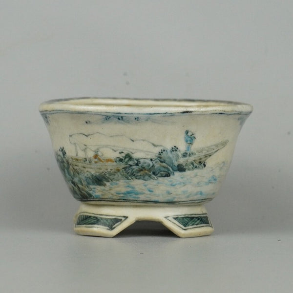 中古盆栽鉢 大助 小型 長辺 約7.5cm 長方鉢 色絵 山水図 箱付 観賞用  中古鉢 c1198405892