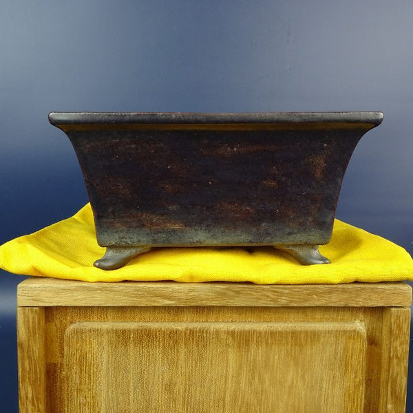 中古盆栽鉢 天龍焼 楽雅 天龍 石仙 小型 長辺 約12.7cm 長方鉢 外縁 釉薬 箱付 布付  中古鉢 f1198412277