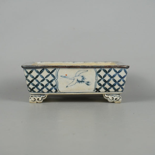 中古盆栽鉢 竹峯 小型 長辺 約12.8cm 長方鉢 外縁 雲足 染付 鶴 ツル 鳥 箱付  中古鉢 x1198417752