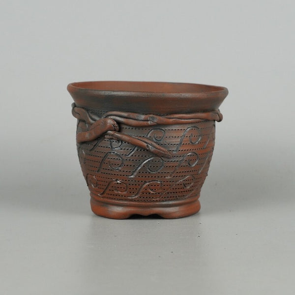 中古盆栽鉢 泥珠 小鉢 長辺 約9.8cm 丸鉢 彫入 模様 飾り紐  中古鉢 e1198407596