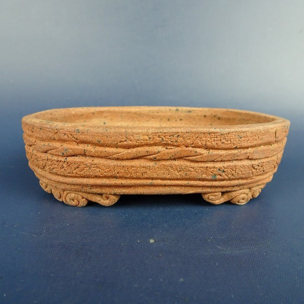 中古盆栽鉢 泥珠窯 芳珠 小型 長辺 約10cm 楕円鉢 彫入 模様 泥鉢  中古鉢 w1198413507