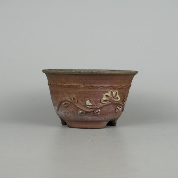 中古盆栽鉢 丹山 小型 長辺 約13.5cm 丸鉢 花 付き 泥物 観賞用  中古鉢 w1198412562