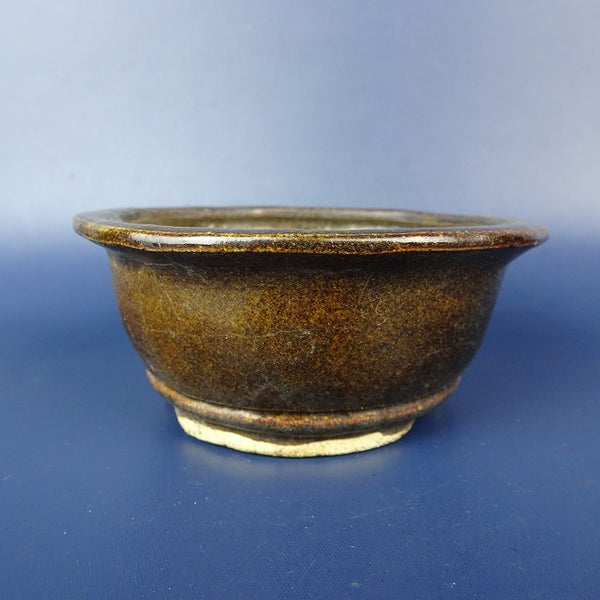 中古盆栽鉢 翠園 w落款 小鉢 長辺 約9.5cm 丸鉢 外縁 釉薬  中古鉢 s1198415668