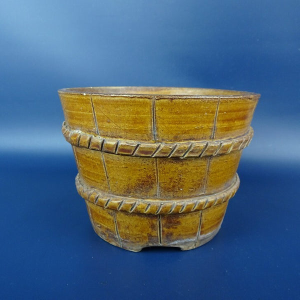 中古盆栽鉢 合澤 小型 長辺 約13.8cm 丸鉢 縄 樽型 釉薬  中古鉢 1198405818