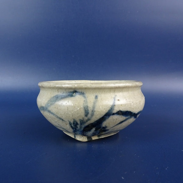 中古盆栽鉢 是好 矩 小鉢 長辺 6.5cm 丸鉢 外縁 染付 植物 詩 貫入 釉薬 観賞用  中古鉢 n1198414258