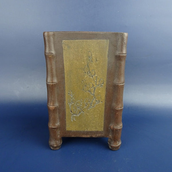 中古盆栽鉢 落款あり 小型 高さ 約14cm 正方鉢 釘彫 花 竹節 観賞用  中古鉢 c1198412908