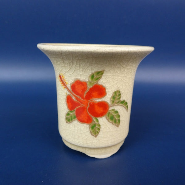 中古盆栽鉢 さつま 小鉢 長辺 約5.7cm 丸鉢 外縁 色絵 ハイビスカス 花 絵鉢  中古鉢 x1198407995
