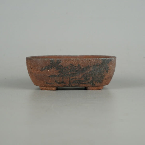 中古盆栽鉢 落款あり 小鉢 長辺 約 9.5cm 楕円鉢 山水図 観賞用  中古鉢 w1198408384