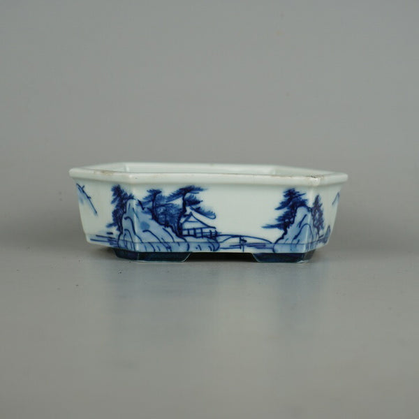 中古盆栽鉢 落款あり 小型 長辺 約 14.2cm 六角鉢 染付 山水図 観賞用  中古鉢 d1198427155