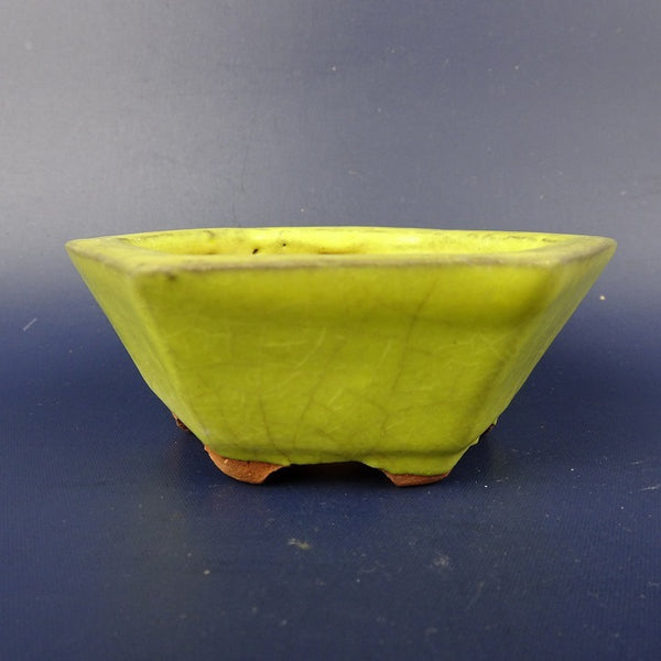 中古盆栽鉢 落款あり 小鉢 長辺 約9.5cm 六角鉢 黄釉  中古鉢 n1198412516