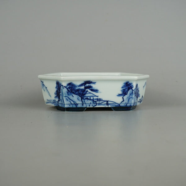 中古盆栽鉢 落款あり 小型 長辺 約 14.2cm 六角鉢 縁付 染付 山水図 観賞用  中古鉢 m1198405892
