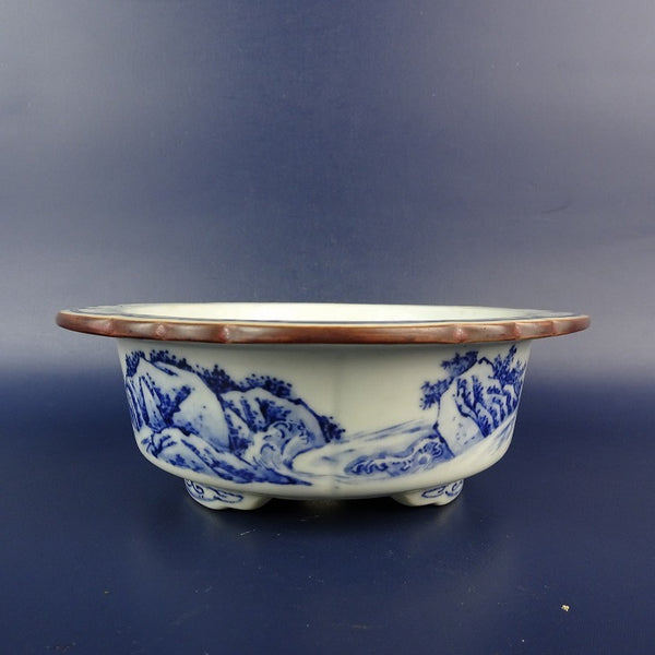 中古盆栽鉢 宗善 小型 長辺 約 15.2cm 変形 丸鉢 花形 外縁 染付 風景画 観賞用  中古鉢 m1198406886