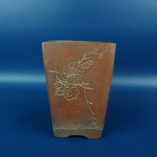 中古盆栽鉢 落款あり 小型 高さ 約 12.2cm 正方鉢 釘彫 花 文字 泥鉢 観賞用  中古鉢 s1198410343