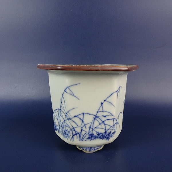 中古盆栽鉢 宗善 小鉢 長辺 約 9.4cm 六角鉢 外縁 染付 植物 昆虫 模様  中古鉢 b1198424559