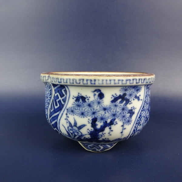 中古盆栽鉢 宗善 小鉢 長辺 約 8.6cm 変形 丸鉢 外縁 染付 松 竹 梅 鳥 模様 観賞用  中古鉢 l1198409437