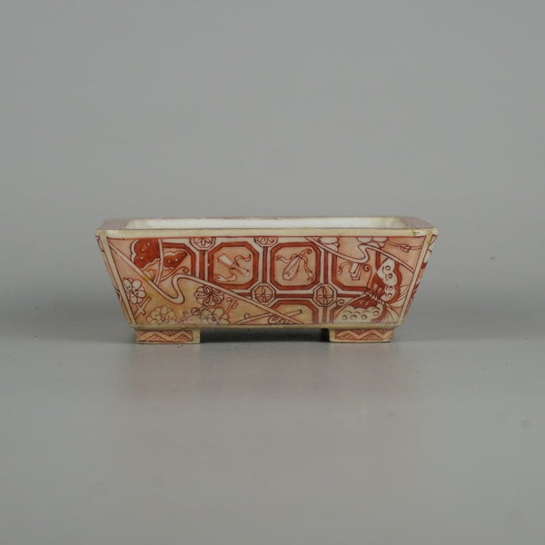 中古 盆栽鉢 秀月 小型 長辺 約 10.8cm 長方鉢 赤絵 花 蝶 モミジ 波紋 模様 観賞用  中古鉢 n1198412270