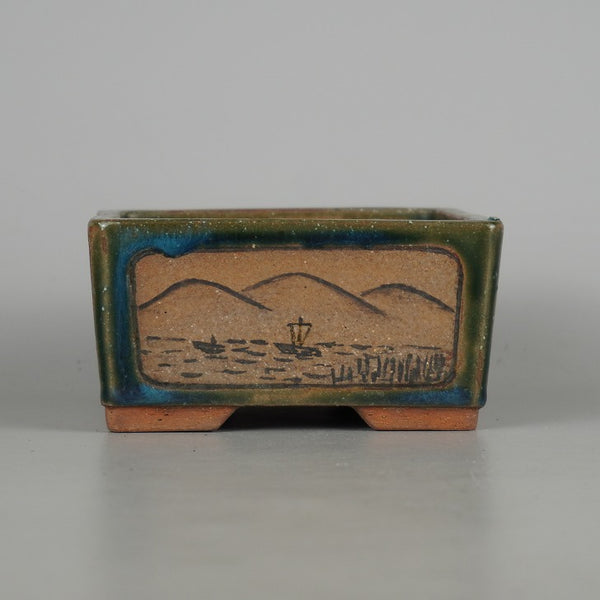 中古 盆栽鉢 落款あり 小型 長辺 約 12.3cm 正方鉢 窓入 山水図 釉薬 観賞用  中古鉢 j1198412835