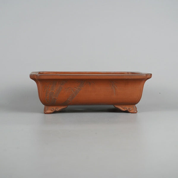 中古 盆栽鉢 陶元 鬼ヶ埼 小型 長辺 約 19cm 長方鉢 隅入 雲足 彫入 竹 梅 植物 泥物 観賞用  中古鉢 p1198416973