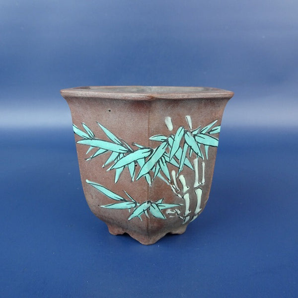 中古盆栽鉢 落款あり 小鉢 長辺 約8.7cm 六角鉢 外縁 色絵 笹 竹 泥鉢  中古鉢 r1198403745