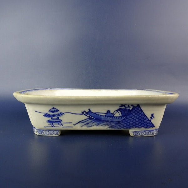 中古盆栽鉢 落款なし 小型 長辺 約 18.5cm 長方鉢 外縁 染付 風景画 観賞用  中古鉢 c1198410665