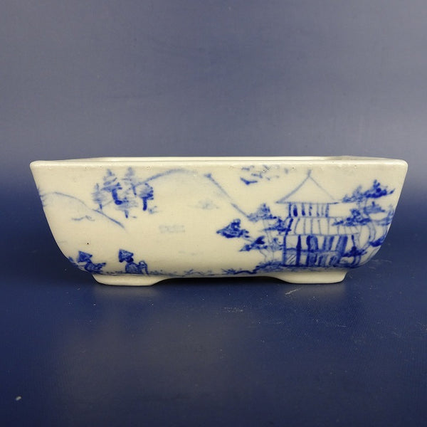 中古盆栽鉢 落款あり 小型 長辺 約10.3cm 長方鉢 染付 風景画  中古鉢 r1198404987