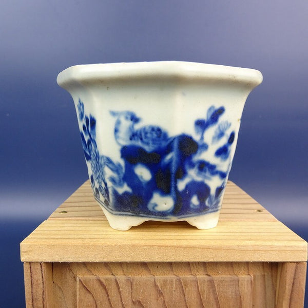 中古盆栽鉢 落款なし 小鉢 長辺 約8cm 八角鉢 外縁 染付 鳥 花 植物 箱付  中古鉢 c1198411915