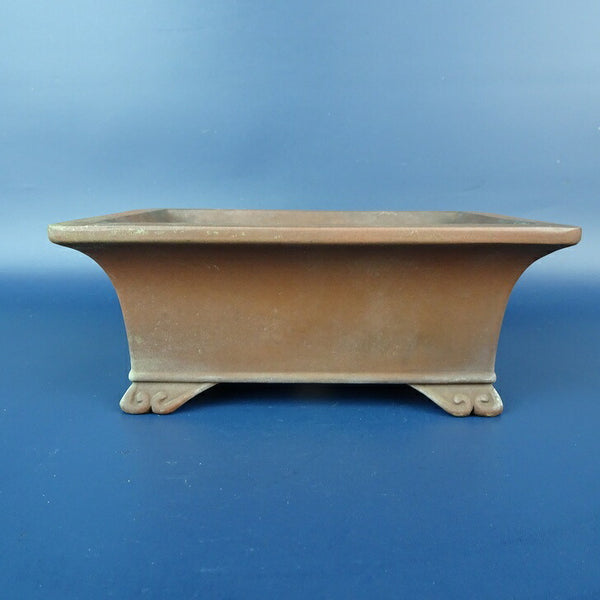 中古盆栽鉢 落款あり 小型 長辺 約15.5cm 長方鉢 外縁 雲足 下帯 泥鉢  中古鉢 n1198411967